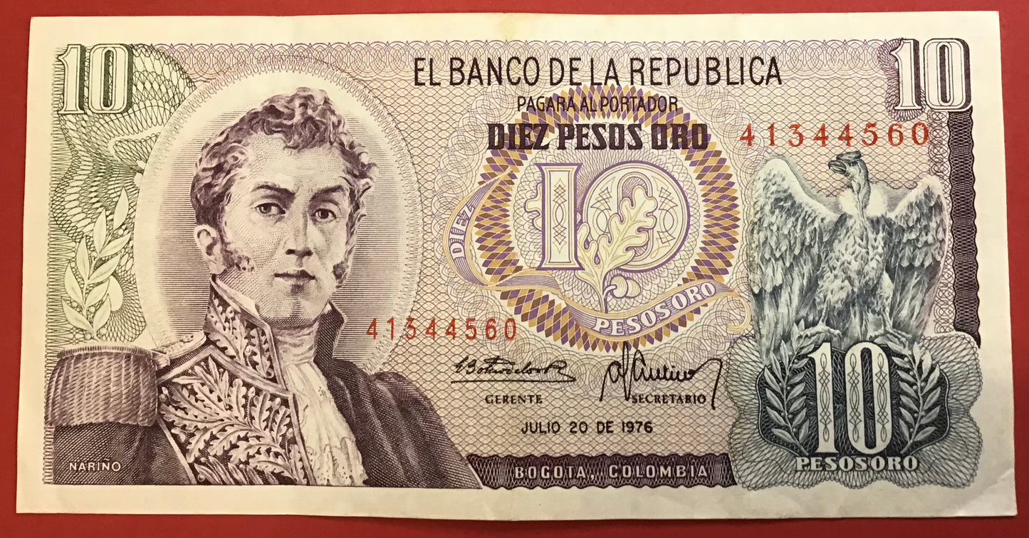 Colombia - 10 Pesos Oro 20.7.1976 P#407f Kvalitet 1+