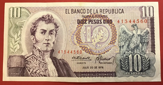 Colombia - 10 Pesos Oro 20.7.1976 P#407f Kvalitet 1+
