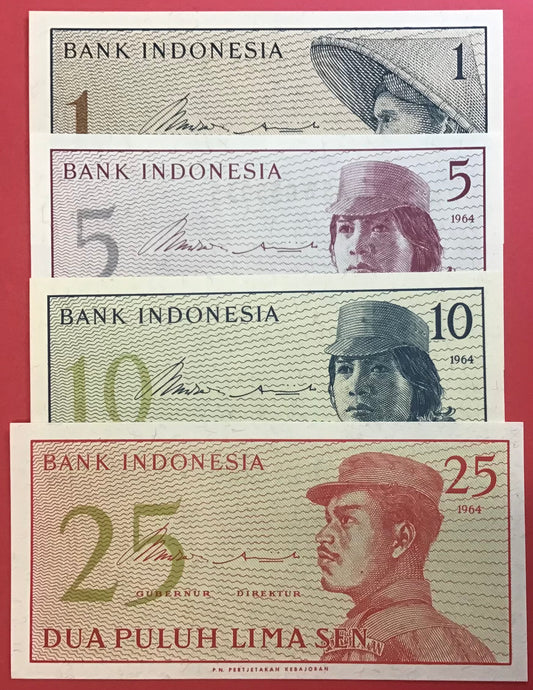 Indonesia - Lot med 1,5,10 & 25 Sen 1964 P#90a-93a Kvalitet 0
