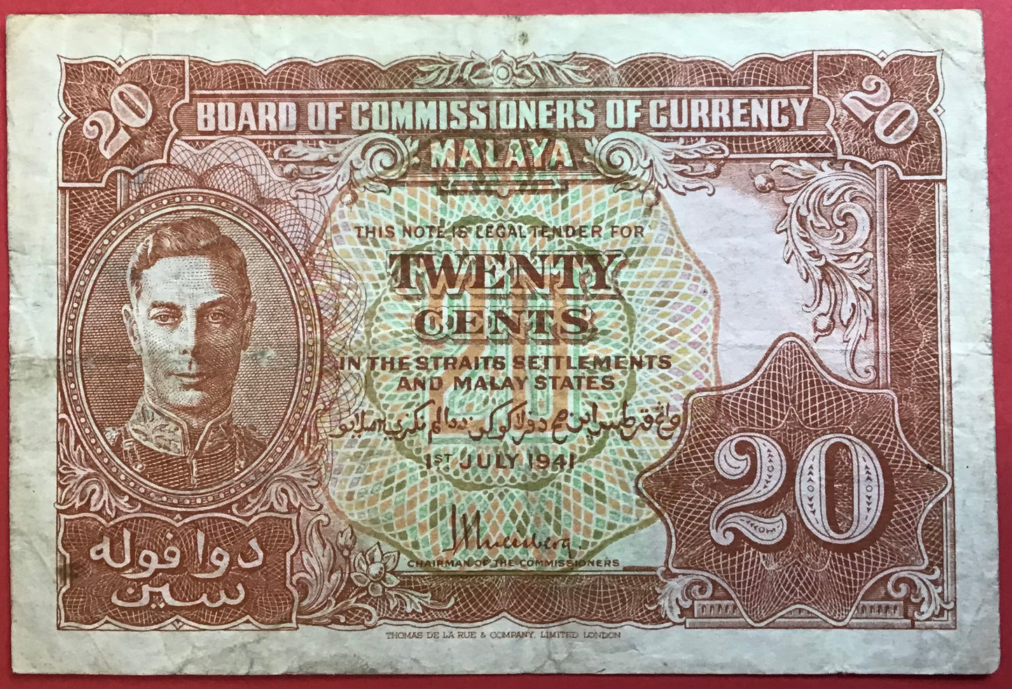 Malaya/Board Of Commissioners Of Currency - 20 Cents 1.7.1941 P#9a Kvalitet 1+