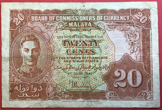 Malaya/Board Of Commissioners Of Currency - 20 Cents 1.7.1941 P#9a Kvalitet 1+