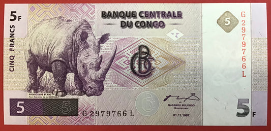 Congo Democratic Republic - 5 Francs 1.11.1997 P#86A Kvalitet 0