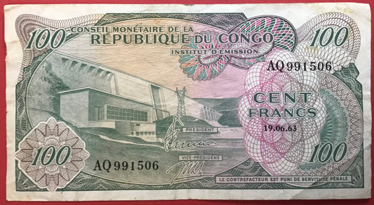 Congo Democratic Republic - 100 Francs 19.6.1963 P#1a Kvalitet 1/1+