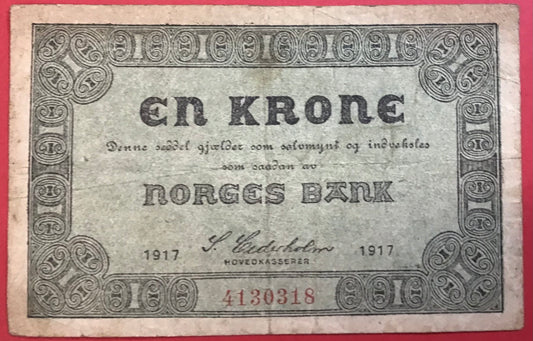 Norway - 1 Krone 1917 P#13a Kvalitet 1