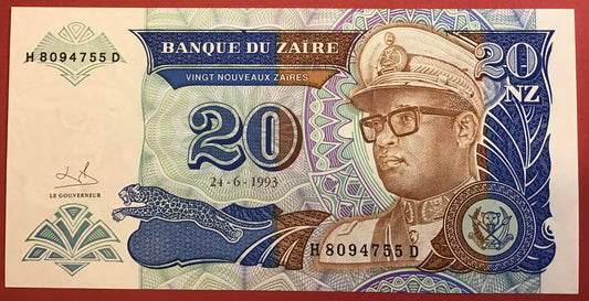 Zaïre - 20 Nouveaux Zaïres 24.6.1993 P#56 Kvalitet 0
