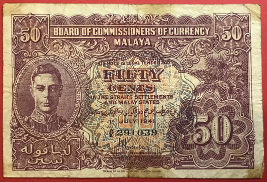 Malaya/Board Of Commissioners Of Currency - 50 Cents 1.7.1941 P#10a Kvalitet 1-/1