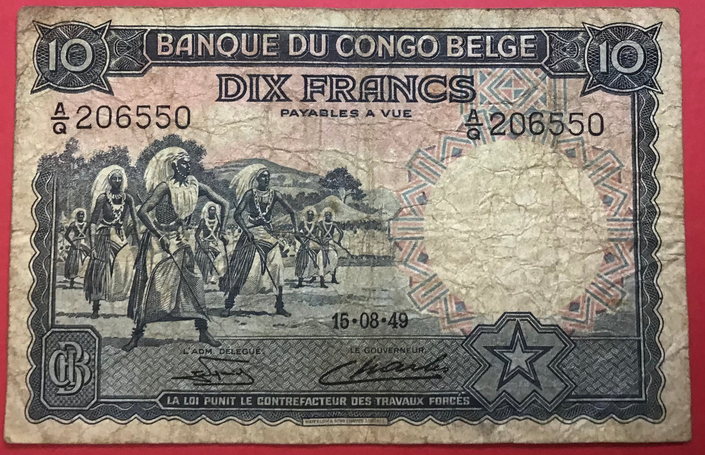 Belgian Congo - 10 Francs 15.8.1949 P#14e Kvalitet 1-