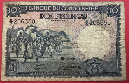 Belgian Congo - 10 Francs 15.8.1949 P#14e Kvalitet 1-