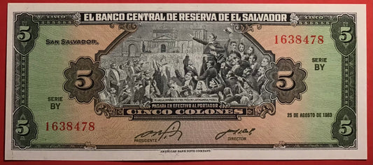 El Salvador - 5 Colones 25.8.1983 P#134a Kvalitet 0
