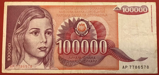 Yugoslavia - 100.000 Dinara 1.5.1989 P#97 Kvalitet 1/1+