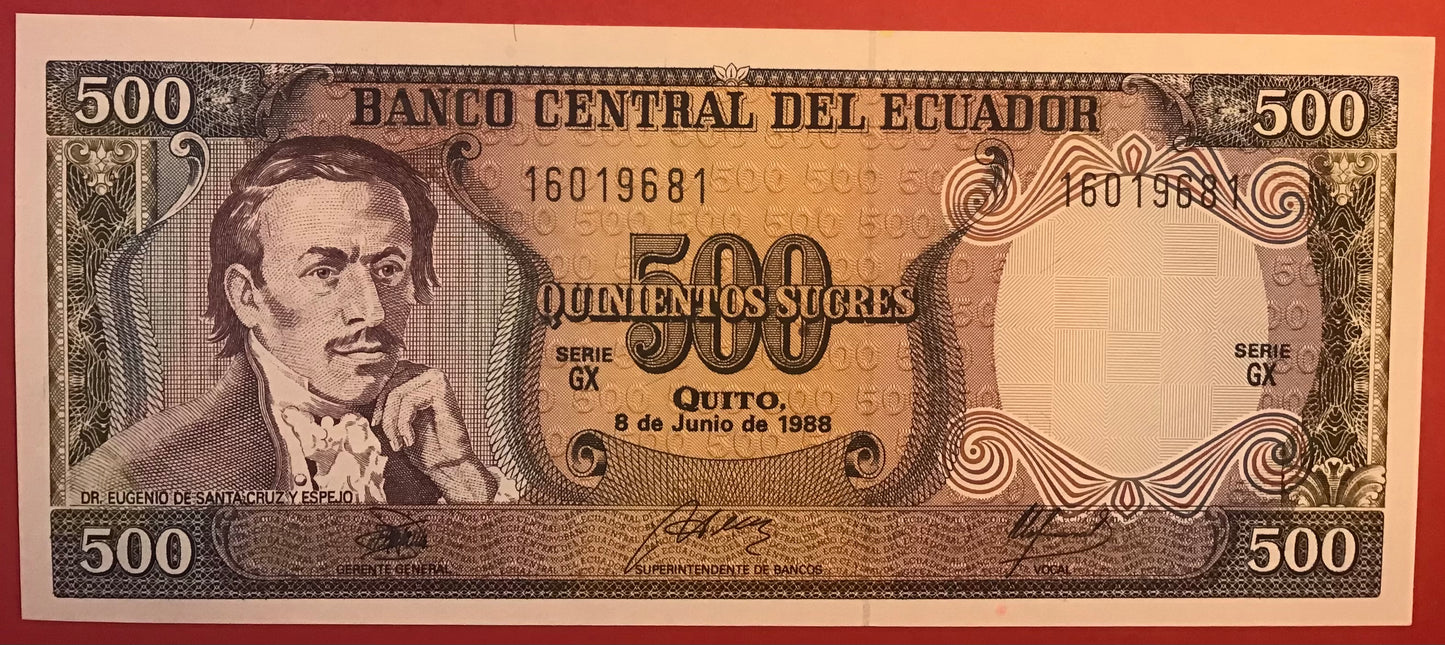 Ecuador - 500 Sucres 8.6.1988 P#124Aa Kvalitet 0
