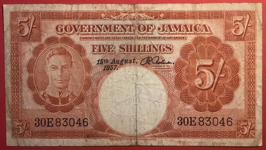 Jamaica - 5 Shillings 15.8.1957 P#37b Kvalitet 1