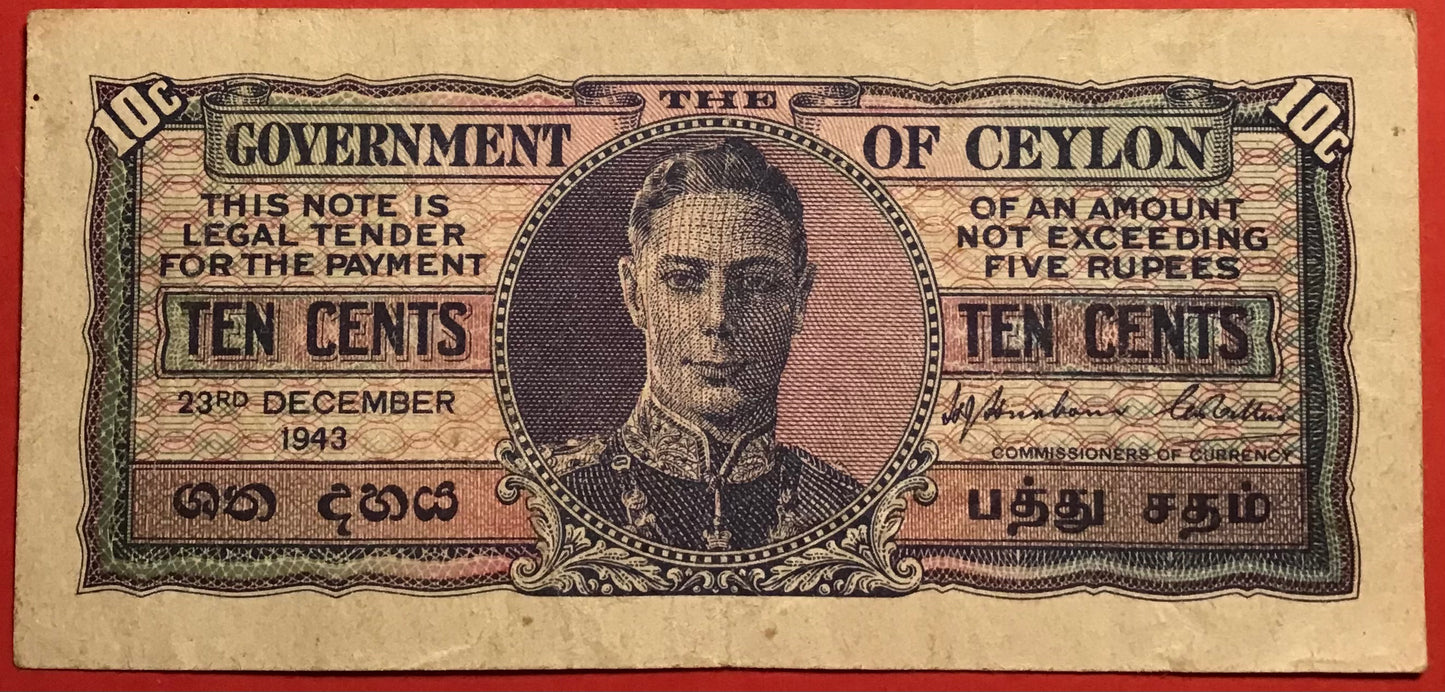 Ceylon - 10 Cents 23.12.1943 P#43b Kvalitet 1+