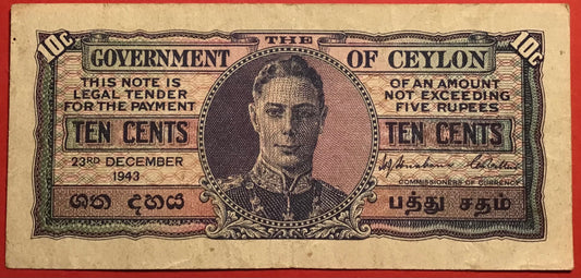 Ceylon - 10 Cents 23.12.1943 P#43b Kvalitet 1+