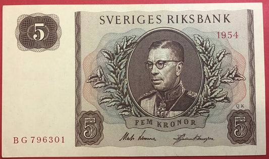 Sweden - 5 Kronor 1954 P#42a Kvalitet 01/0