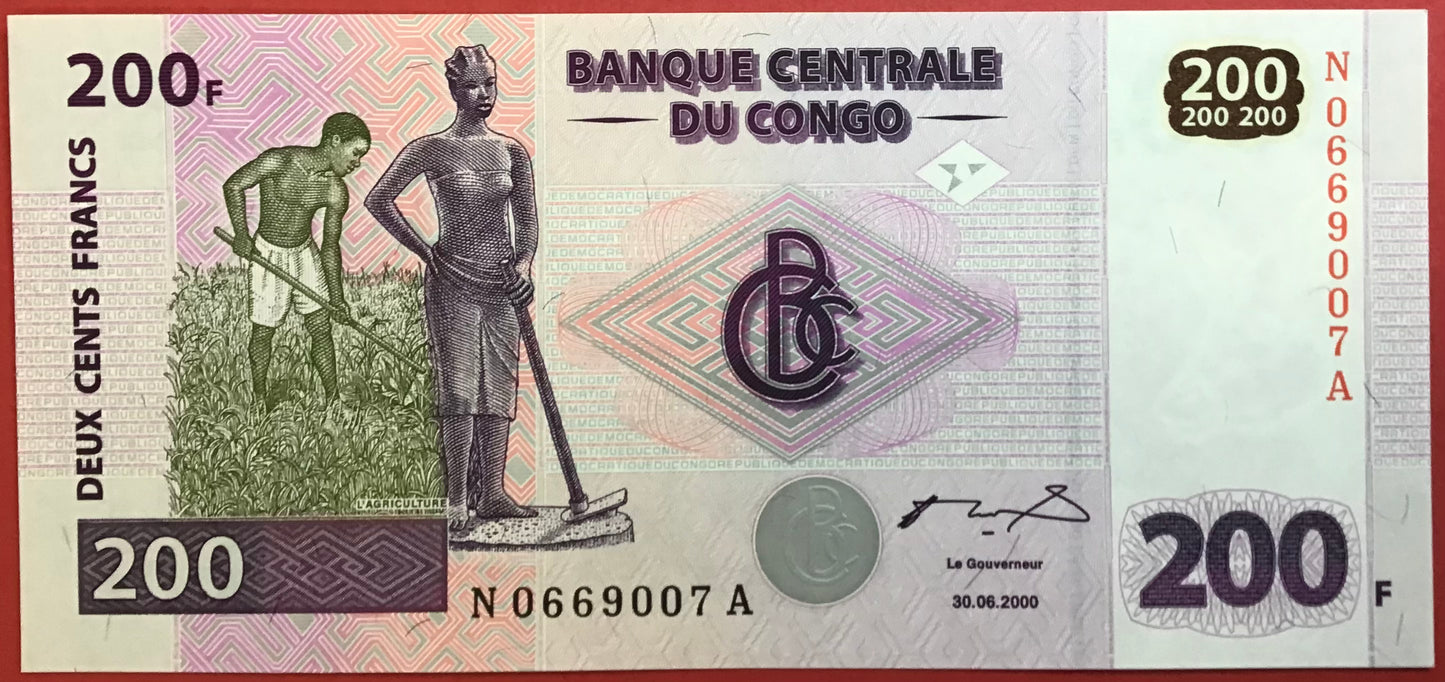 Congo Democratic Republic - 200 Francs 30.6.2000 P#95a Kvalitet 0
