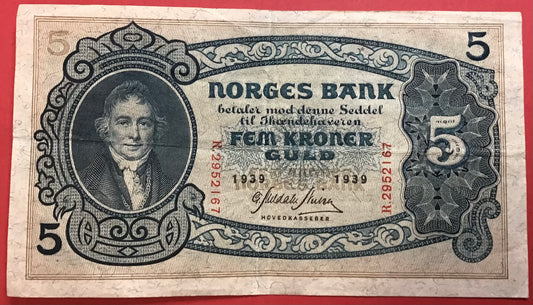 Norway - 5 Kroner 1939 P#7c Kvalitet 1/1+