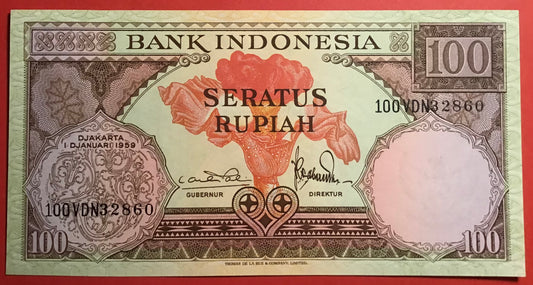 Indonesia - 100 Rupiah 1.1.1959 P#69 Kvalitet 0