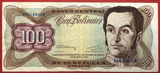 Venezuela - 100 Bolivares 8.12.1992 P#66e Kvalitet 1+