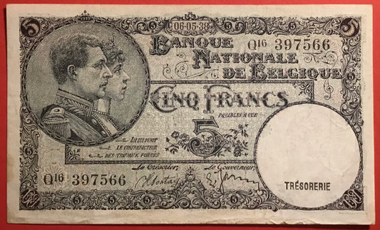 Belgium - 5 Francs 16.5.1938 P#108a Kvalitet 1+
