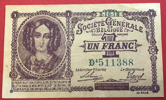 Belgium - 1 Franc 2.10.1918 P#86b Kvalitet 1+
