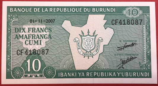 Burundi - 10 Francs 1.11.2007 P#33e Kvalitet 0
