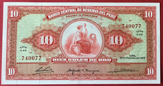 Peru - 10 Soles de Oro 26.2.1965 P#88 Kvalitet 0