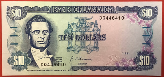Jamaica - 10 Dollars 1.5.1991 P#71d Kvalitet 0