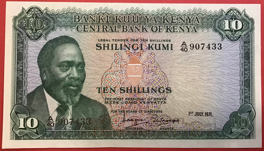 Kenya - 10 Shillings 1.7.1971 P#7b Kvalitet 01