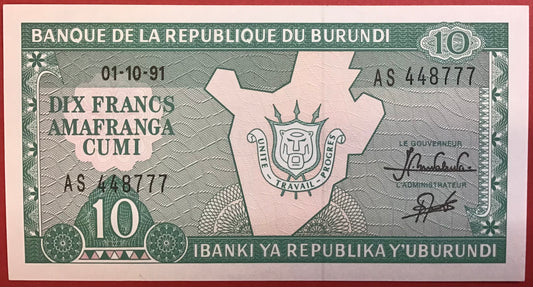 Burundi - 10 Francs 01.10.91 P#33b Kvalitet 0