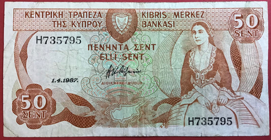 Cyprus - 50 Cents 1.4.1987 P#52 Kvalitet 1/1+