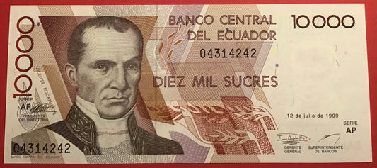 Ecuador - 10.000 Sucres 12.7.1999 P#127 Kvalitet 0