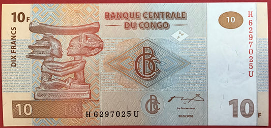 Congo Democratic Republic - 10 Francs 30.6.2003 P#93a Kvalitet 0