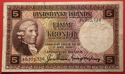 Iceland - 5 Krónur (1928) P#27b Kvalitet 1/1+