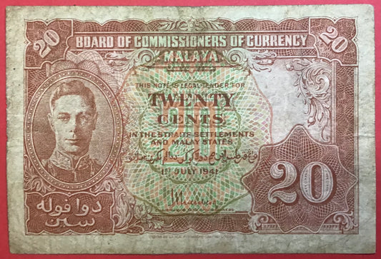 Malaya/Board Of Commissioners Of Currency - 20 Cents 1.7.1941 P#9a Kvalitet 1/1+