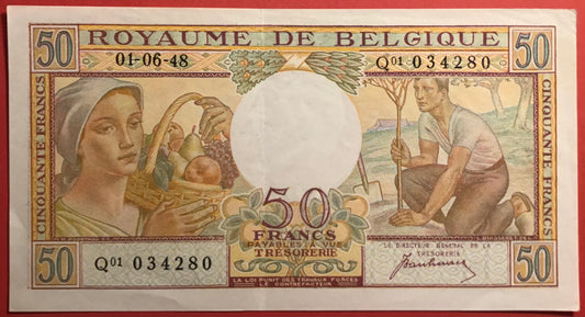 Belgium - 50 Francs 1.6.1948 P#133a Kvalitet 01