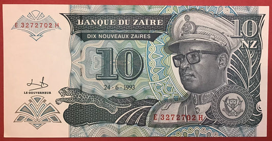 Zaïre - 10 Nouveaux Zaïres 24.6.1993 P#55a Kvalitet 0