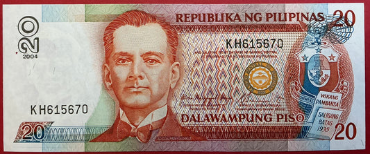Philippines - 20 Piso 2004 P#182i Kvalitet 1+/01