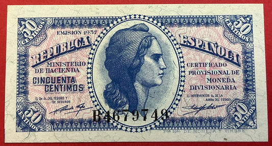 Spain - 50 Centimos 1937 P#93 Kvalitet 01/0