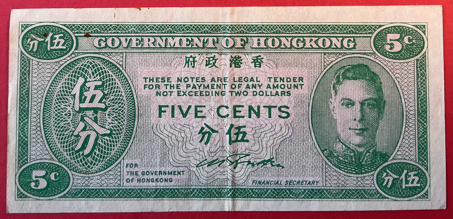 Hongkong - 5 Cents (1945) P#322 Kvalitet 1+