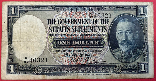 Straits Settlements - 1 Dollar 1.1.1935 P#16b Kvalitet 1-/1