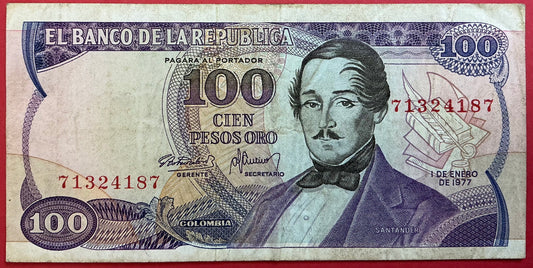 Colombia - 100 Pesos Oro 1.1.1977 P#418a Kvalitet 1/1+