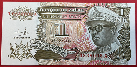 Zaïre - 1 Nouveau Likuta 24.6.1993 P#47a Kvalitet 0