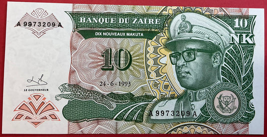 Zaïre - 10 Nouveaux Makuta 24.6.1993 P#49 Kvalitet 0