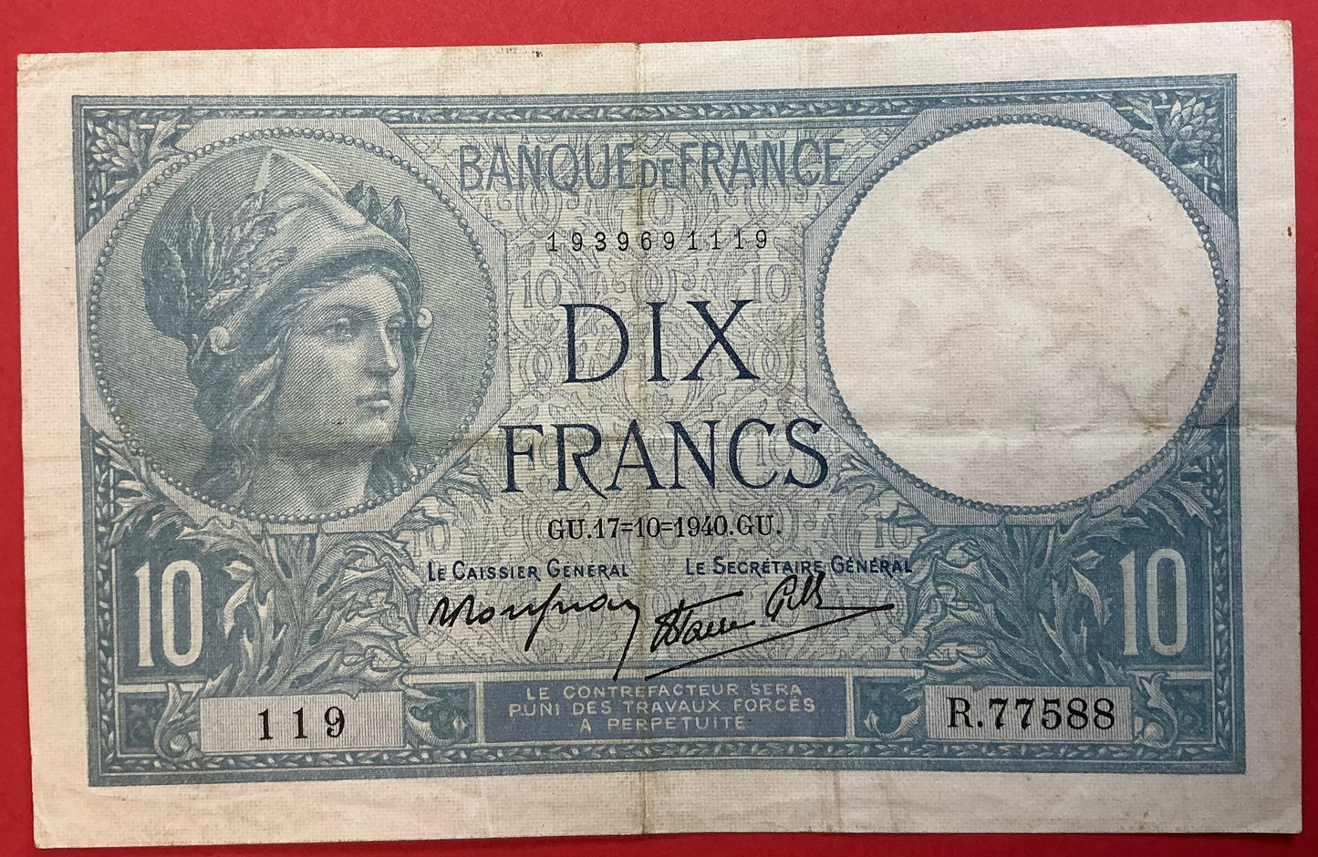 France - 10 Francs 17.10.1940 P#84 Kvalitet 1/1+
