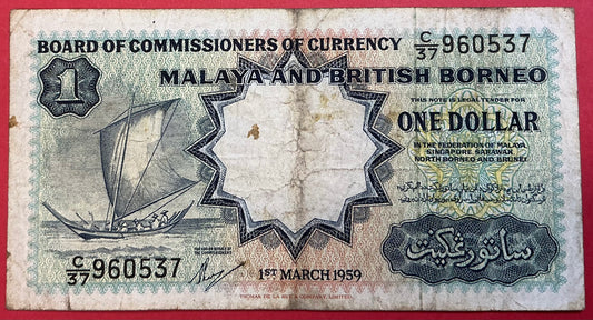 Malaya & British Borneo - 1 Dollar 1.3.1959 P#8a Kvalitet 1