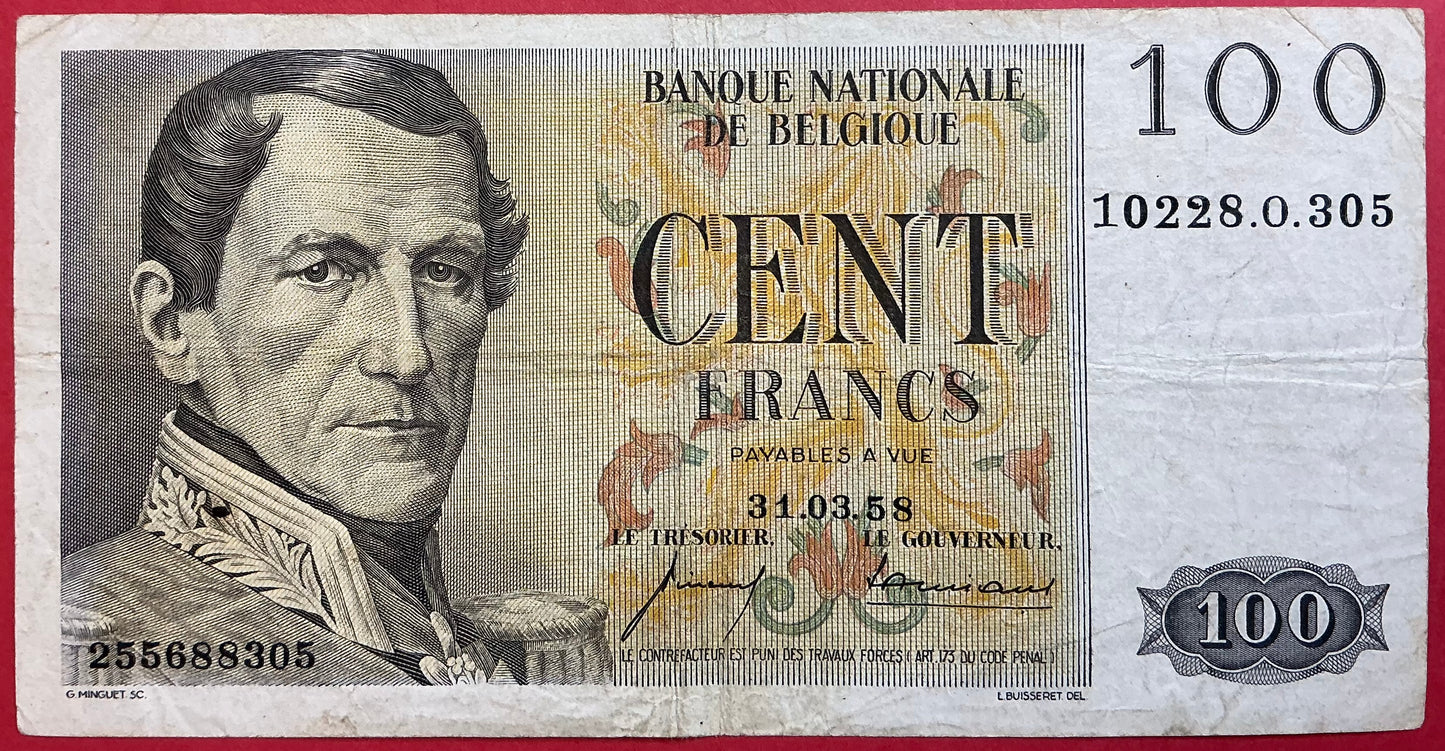 Belgium - 100 Francs 31.3.1958 P#129c Kvalitet 1