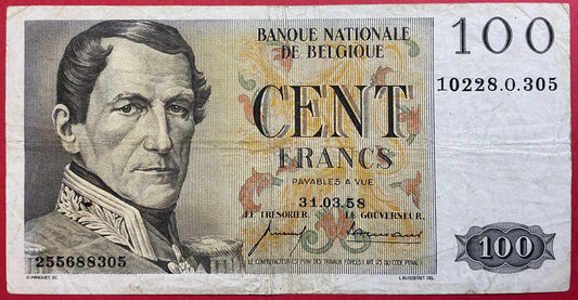 Belgium - 100 Francs 31.3.1958 P#129c Kvalitet 1