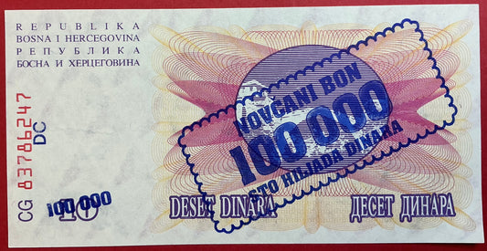 Bosnia-Herzegovina - 100.000 Dinara 10.11.1993 P#34b Kvalitet 01