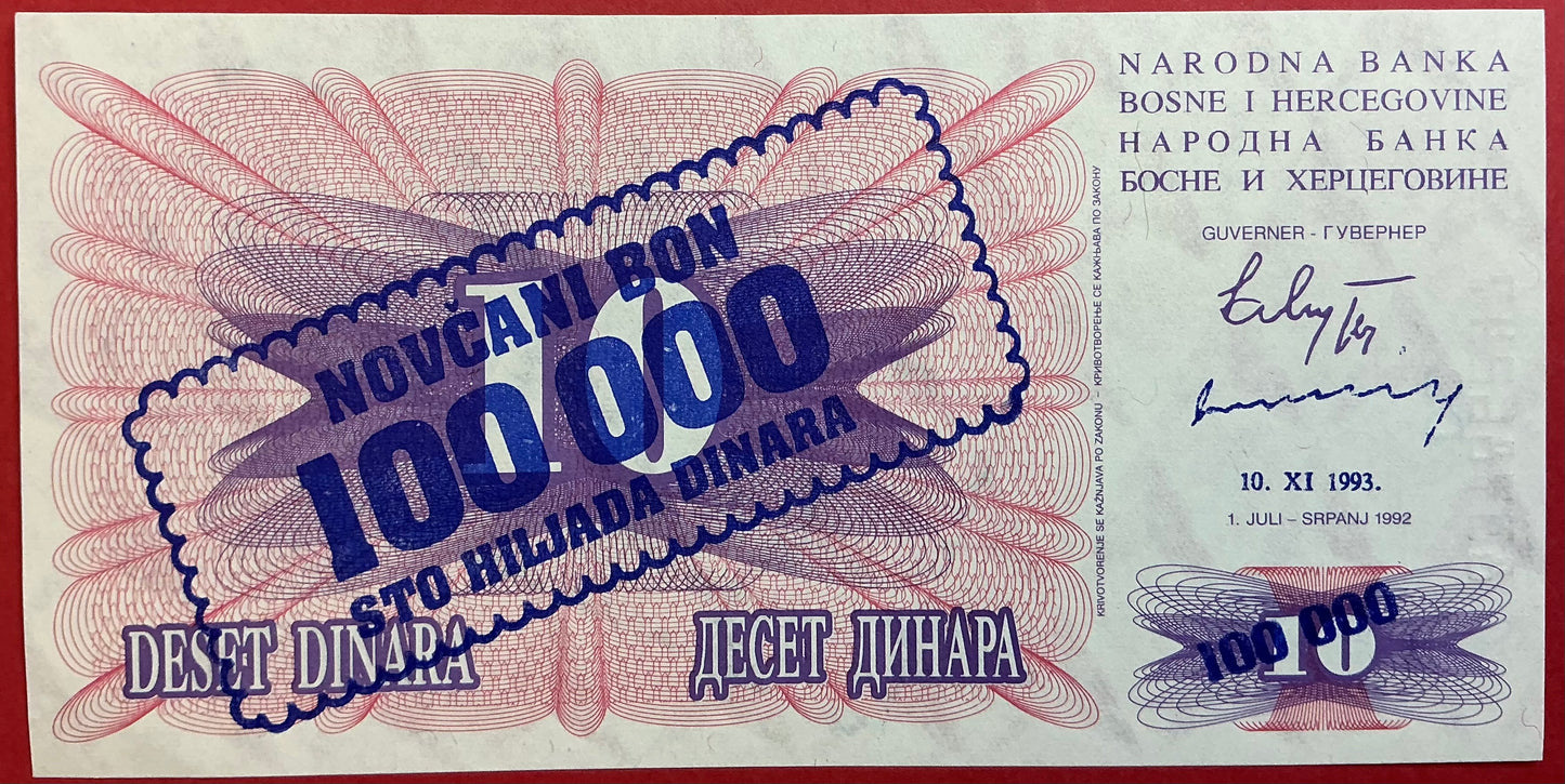 Bosnia-Herzegovina - 100.000 Dinara 10.11.1993 P#34b Kvalitet 01